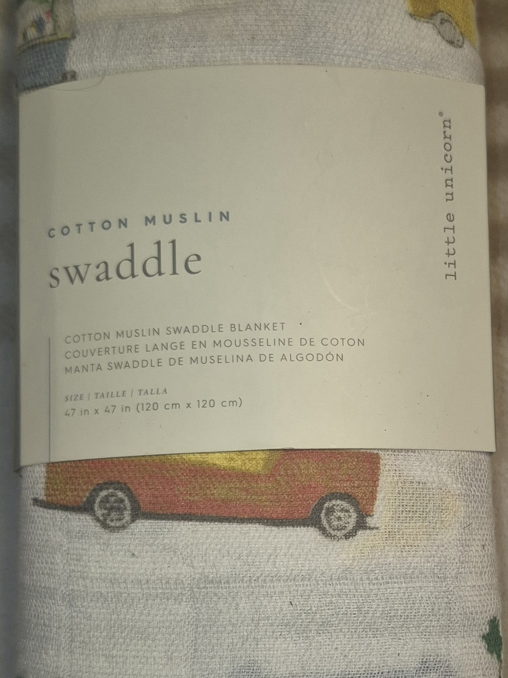Cotton Muslin Swaddle Blanket - White with Multi Car Print